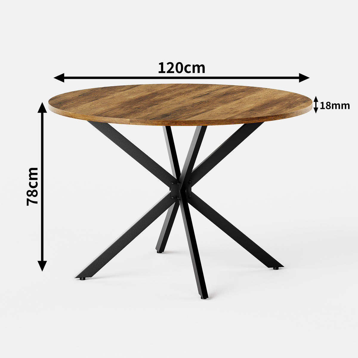 COUCHTISCH 120cm Runder Esstisch-Landhausstil Mit X-Beinen Retro-Braun Für 4-6 Personen - Braun, Holz (120/120/78cm) - Raelunyi