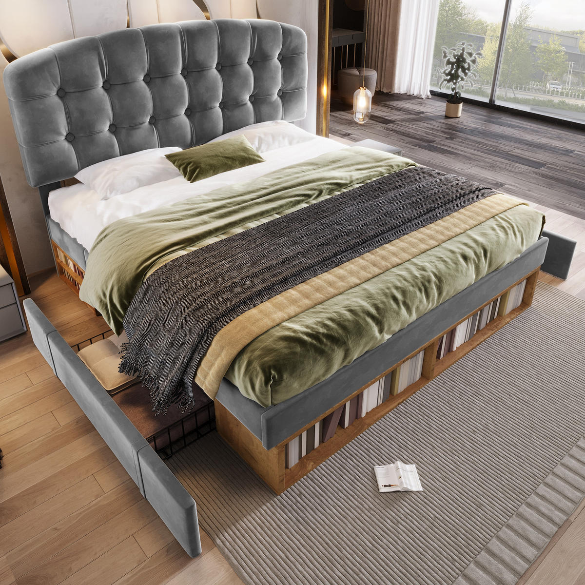POLSTERBETT 140/200 cm in Grau Samt mit Schubladen, Regal und höhenverstellbarem Kopfteil - Grau, Holzwerkstoff/Textil (141/200cm) - STILVORA