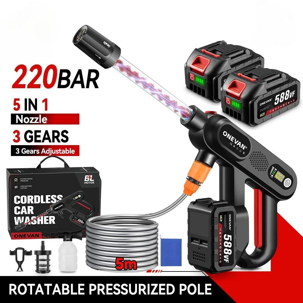 HOCHDRUCKREINIGER, 220Bar Bürstenlose, 5in1 3 Gang Spritzpistole, für Garten Auto, Mit 2 Akkus - Schwarz, Kunststoff (50/18cm) - Coonoor
