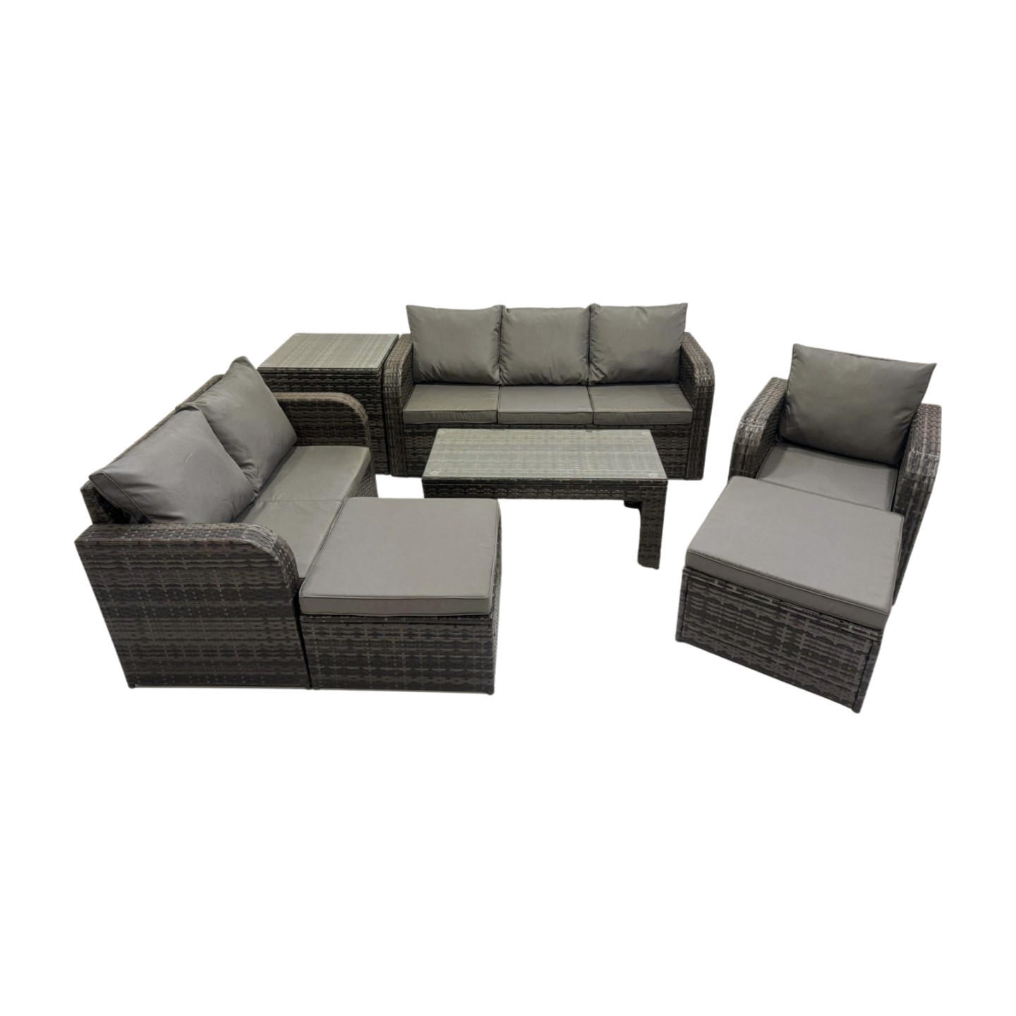 GARTENSOFA SET mit rechteckigem COUCHTISCH Polyrattan 8-Sitzer Dunkelgrau - Dunkelgrau/Grau, Glas/Kunststoff - Fimous