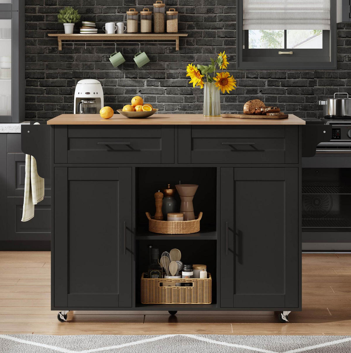 KÜCHENINSEL 145/70/94,5 cm schwarz aus MDF mit Klappplatte - Schwarz, Holzwerkstoff (145/94.5/70cm) - OKWISH
