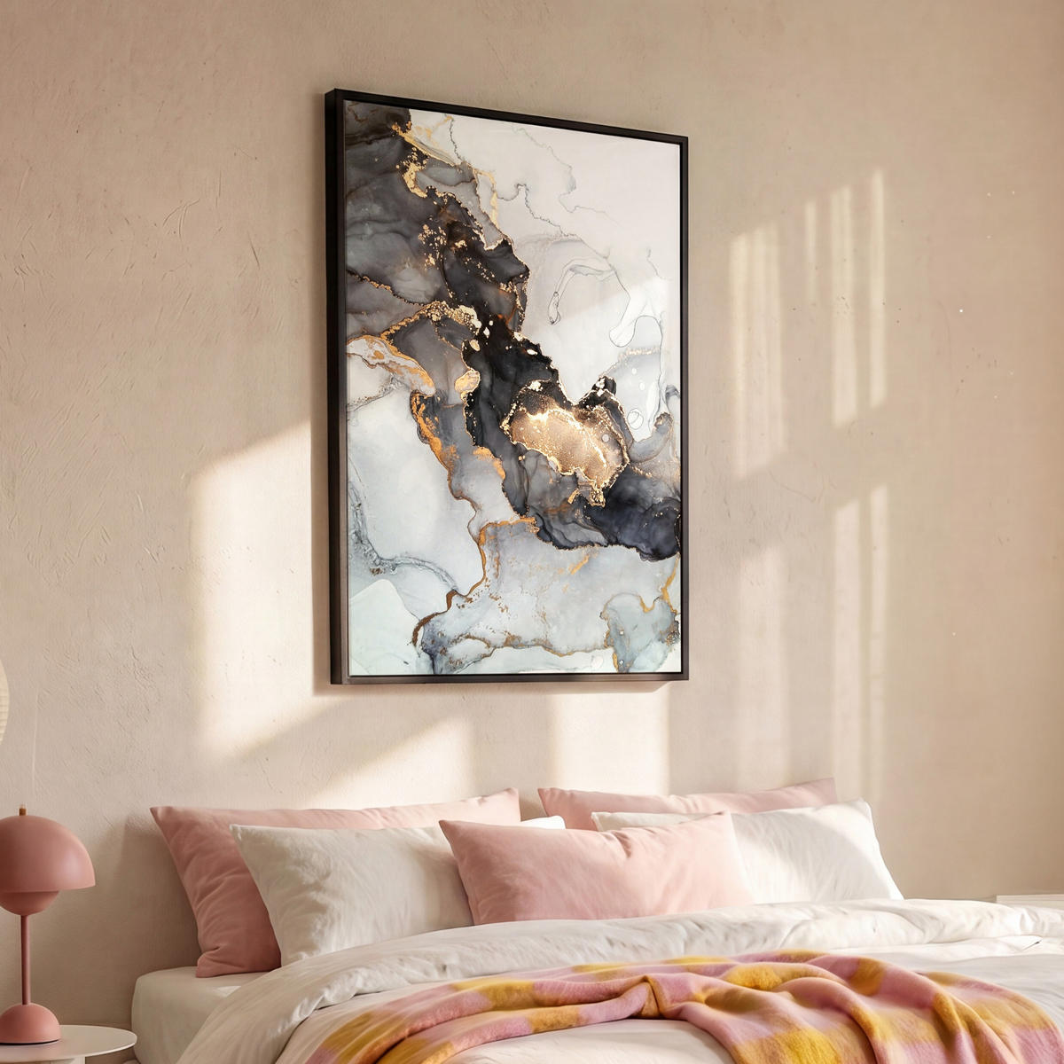 LEINWAND Bilder mit Rahmen - Marmor - Schwarz - Weiß - Gold - Luxus - Abstrakt - 100x150 - Goldfarben, Textil (100/150cm) - MuchoWow