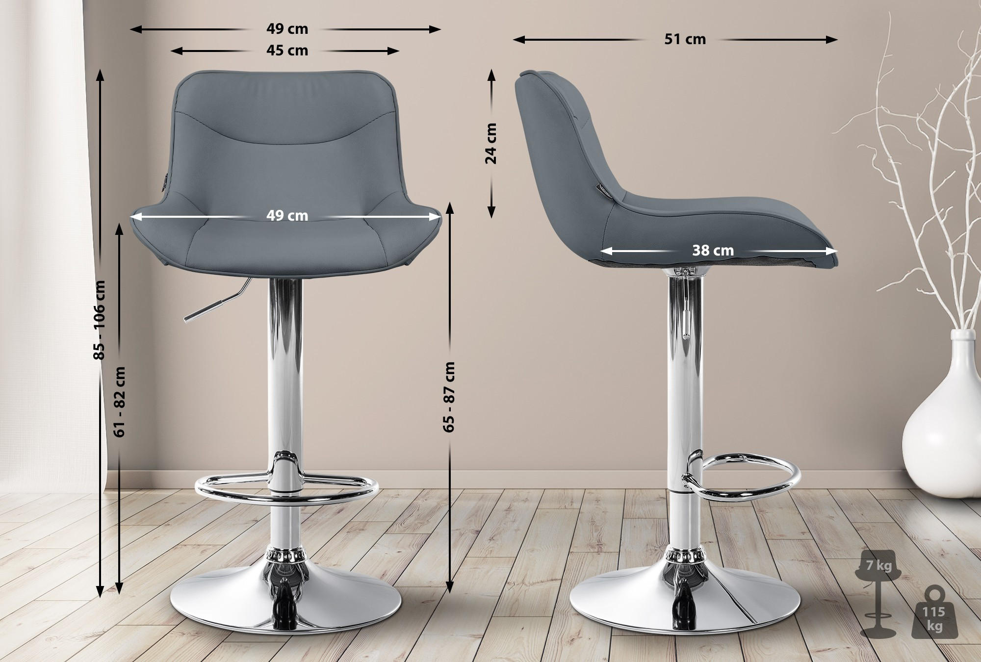 Thumbnail - Deluke Barhocker, Grau, Leder, 49x85x51 cm, Esszimmer, Barmöbel, Barhocker