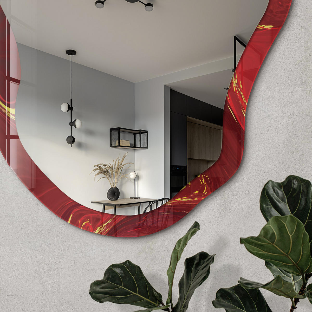 SPIEGEL 90x45 cm asymmetrisch mit Druck - Rote Abstraktion - Transparent, Glas (45/90/0.4cm) - TULUP