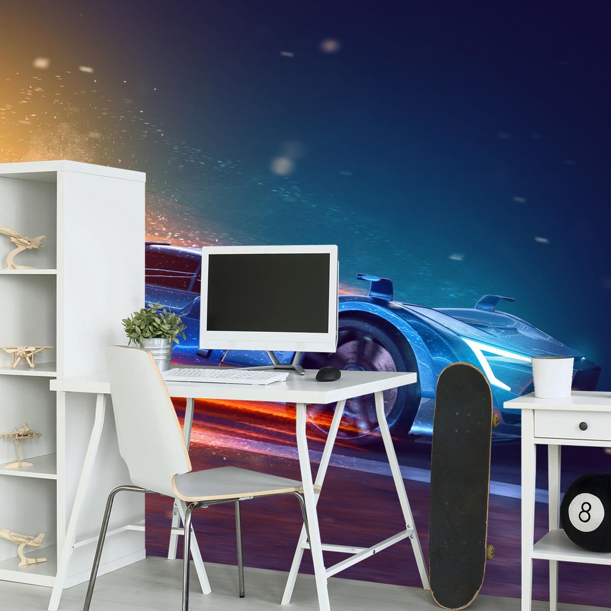 FOTOTAPETE für Jugendzimmer Futuristisches Sportwagen Neon 450x315 - Blau/Gelb, Papier (450/315cm) - Muralo