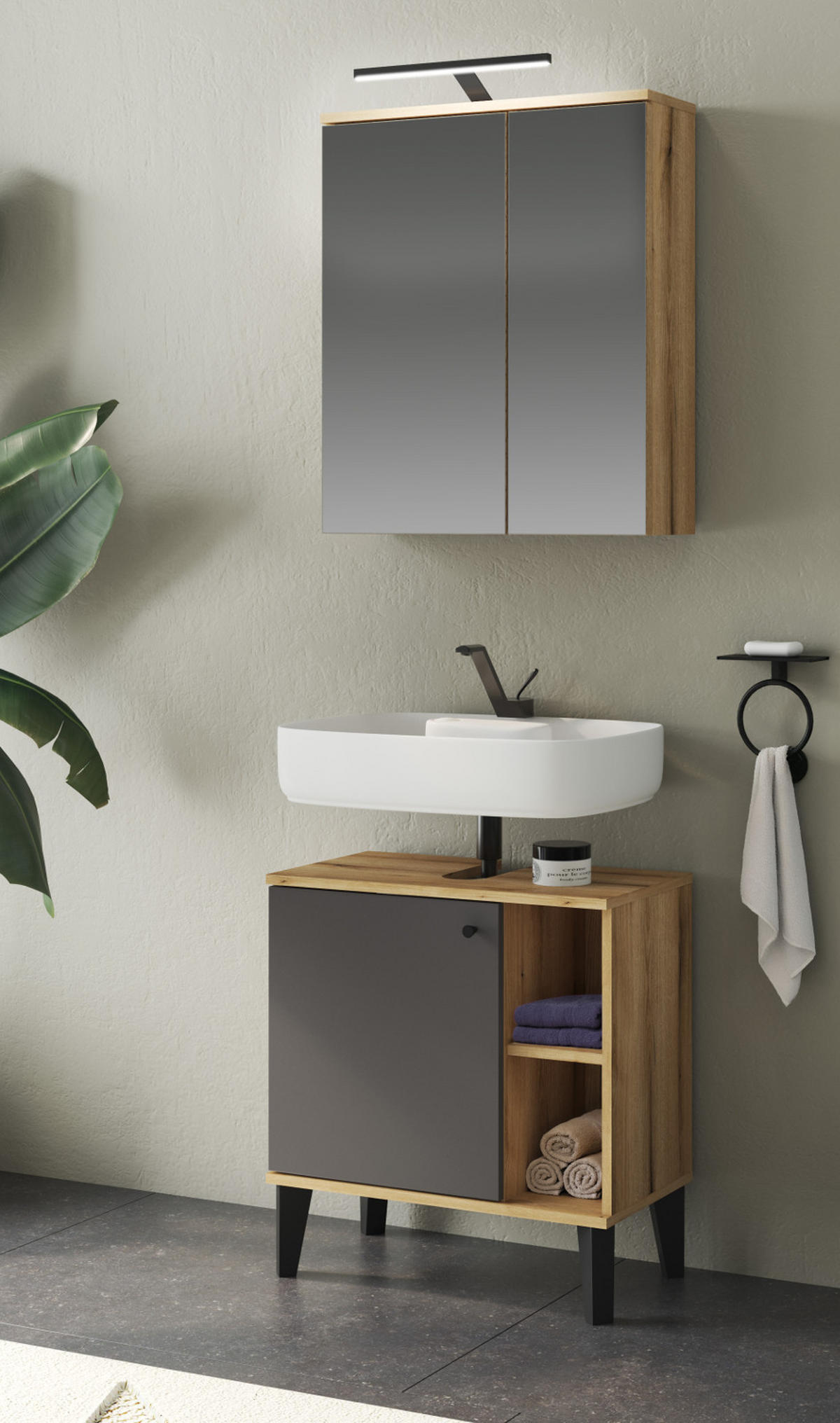 BADMÖBEL-SET 2-teilig grau, Evoke Eiche, Badkombination, 60 cm - Eichefarben/Grau, Glas/Holzwerkstoff (60/190/33cm) - Furn.Design