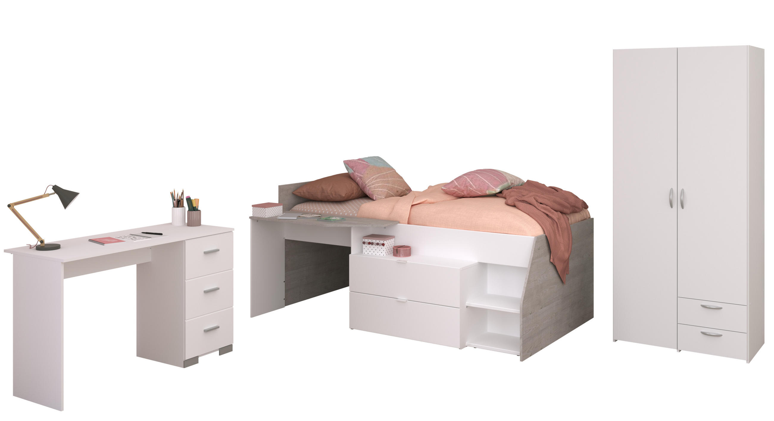 JUGENDZIMMER Milky 13 in Weiß und Grey Loft 3 teilig - Weiß, Holzwerkstoff (120/200/80cm)