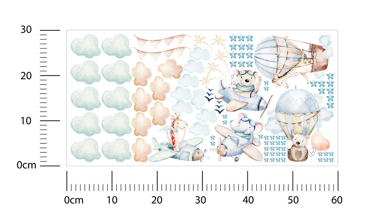 WANDAUFKLEBER SET für Kinder Tiere Wolken Flugzeuge Sterne 60x30 - Gelb/Beige, Papier (60/30/1cm) - Muralo