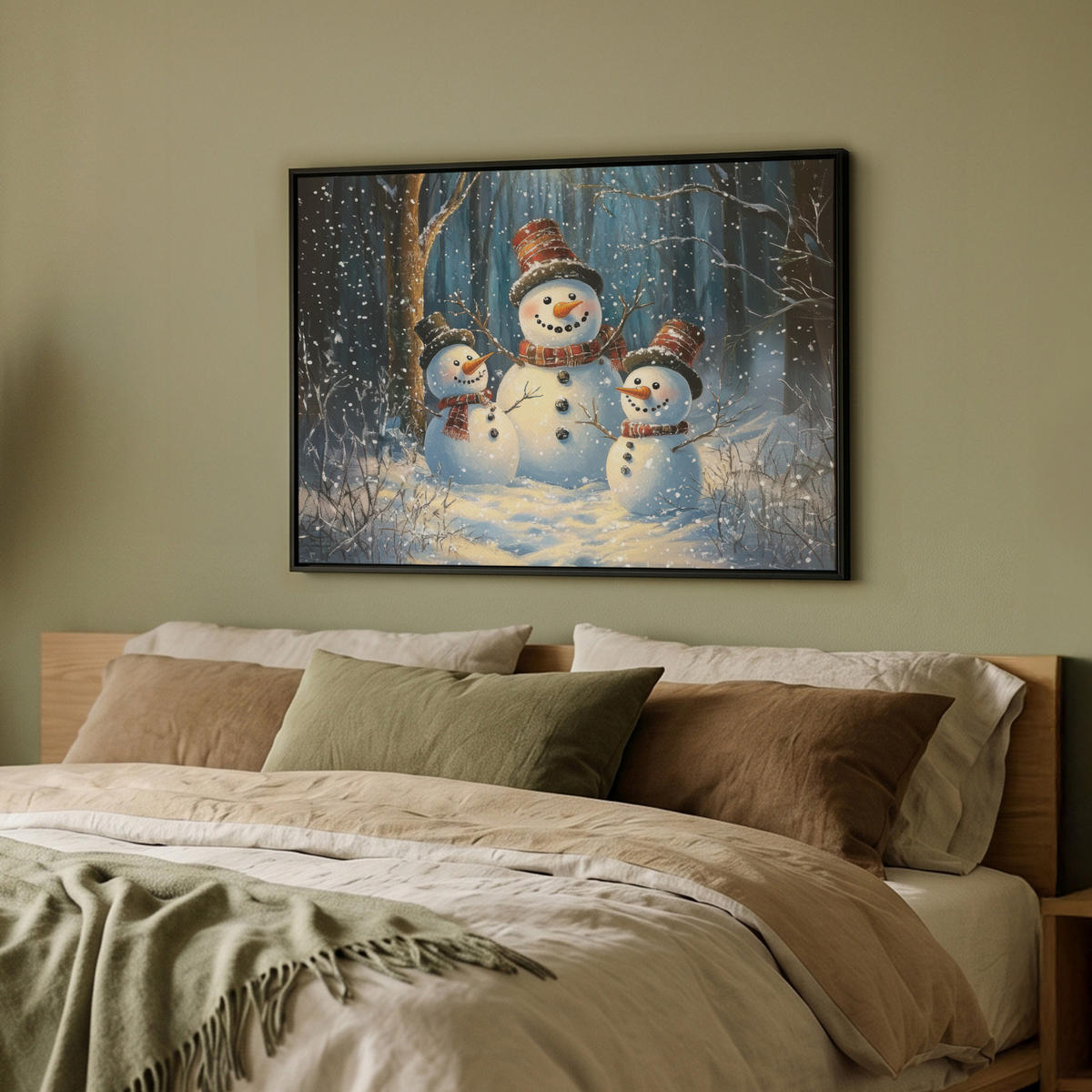 LEINWAND Bilder mit Rahmen - Schneemann - Schnee - Winter - Wald - 70x50 - Hellblau, Textil (70/50cm) - MuchoWow