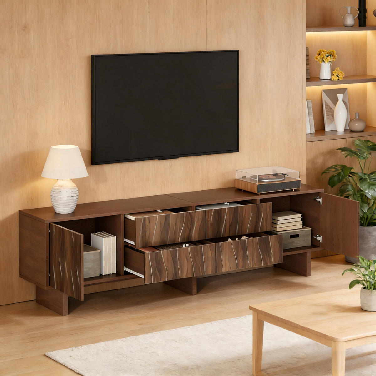 TV-LOWBOARD 180/40/56 cm mit 4 Schubladen und 2 Türen in Wellenoptik aus Spanplatte, Walnuss - Braun, Holzwerkstoff (180/56/40cm) - Redom