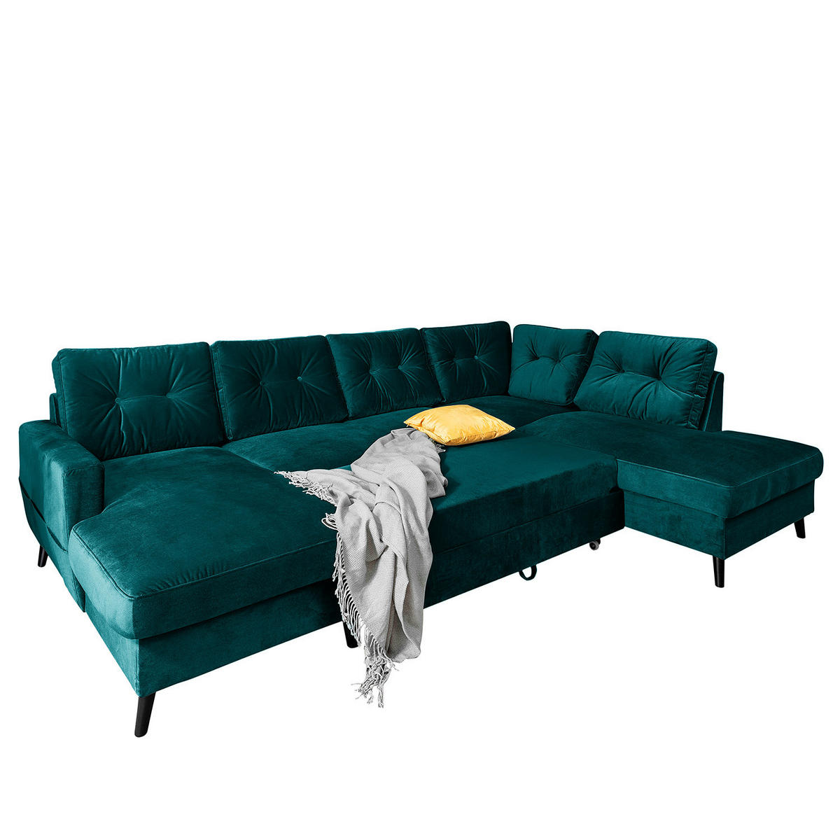 WOHNLANDSCHAFT mit Longchair - Petrol/Schwarz, Buchenholz/Textil (297/90/200cm) - home24