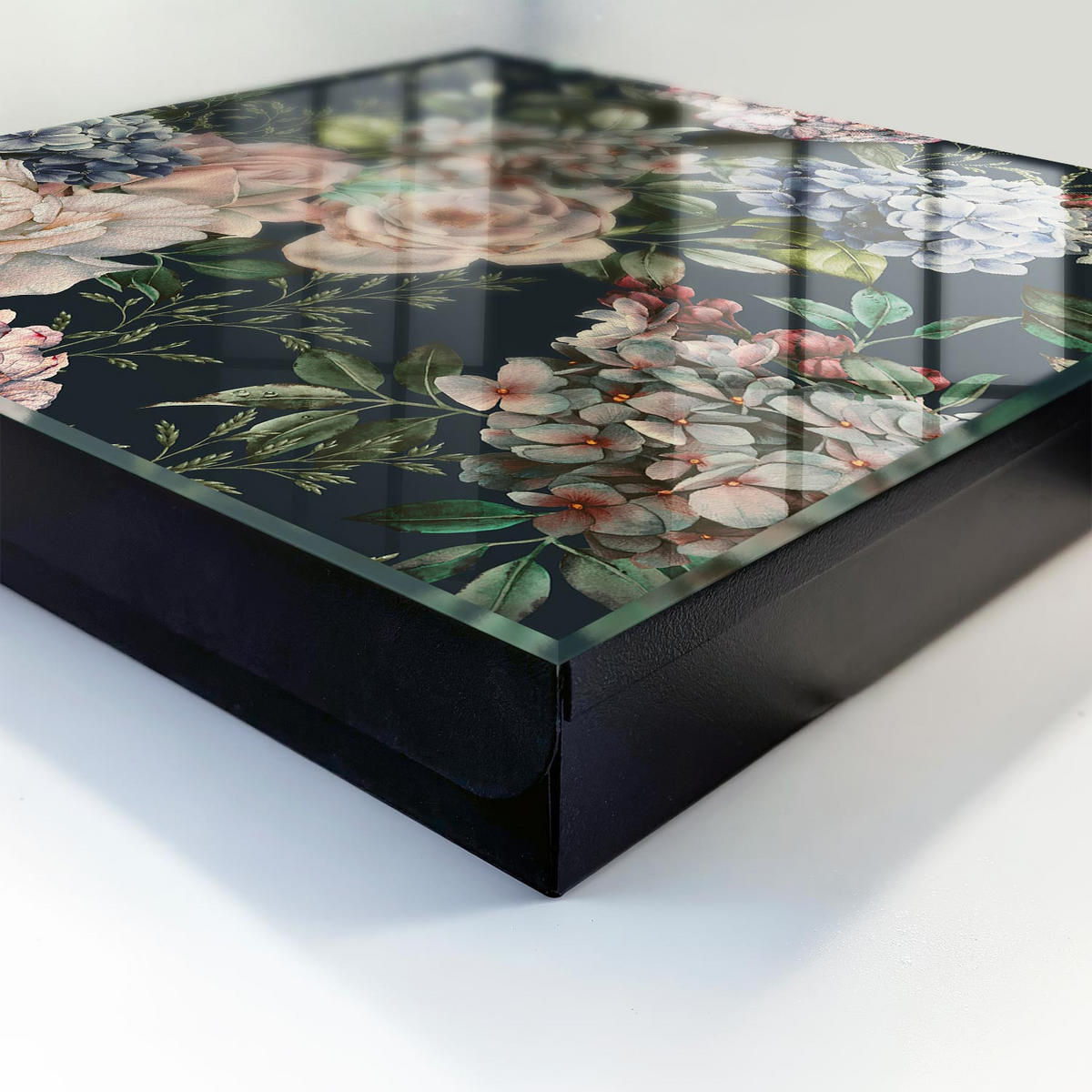 SCHLÜSSELBOX Schwarz 30x30 cm- Türöffnung nach rechts - Blumenmuster - Grün, Metall (30/30/5cm) - TULUP