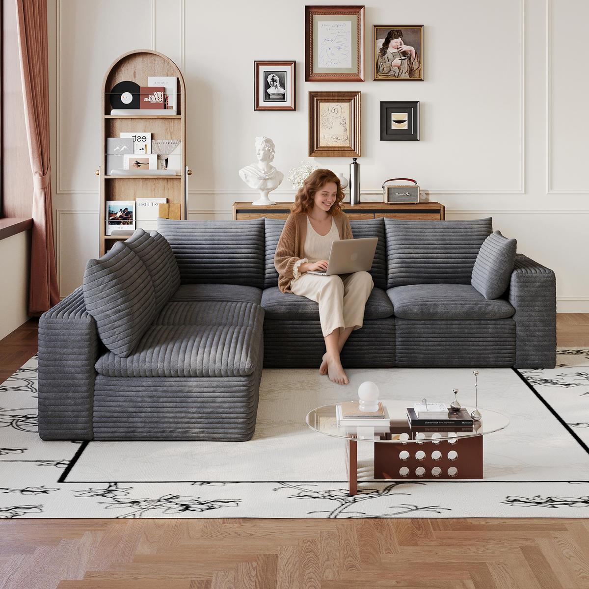 ECKSOFA DE-34773 5-Sitzer mit abnehmbare Polsterung Dunkelgrau - Dunkelgrau, Textil (250/260cm) - ComfortXL