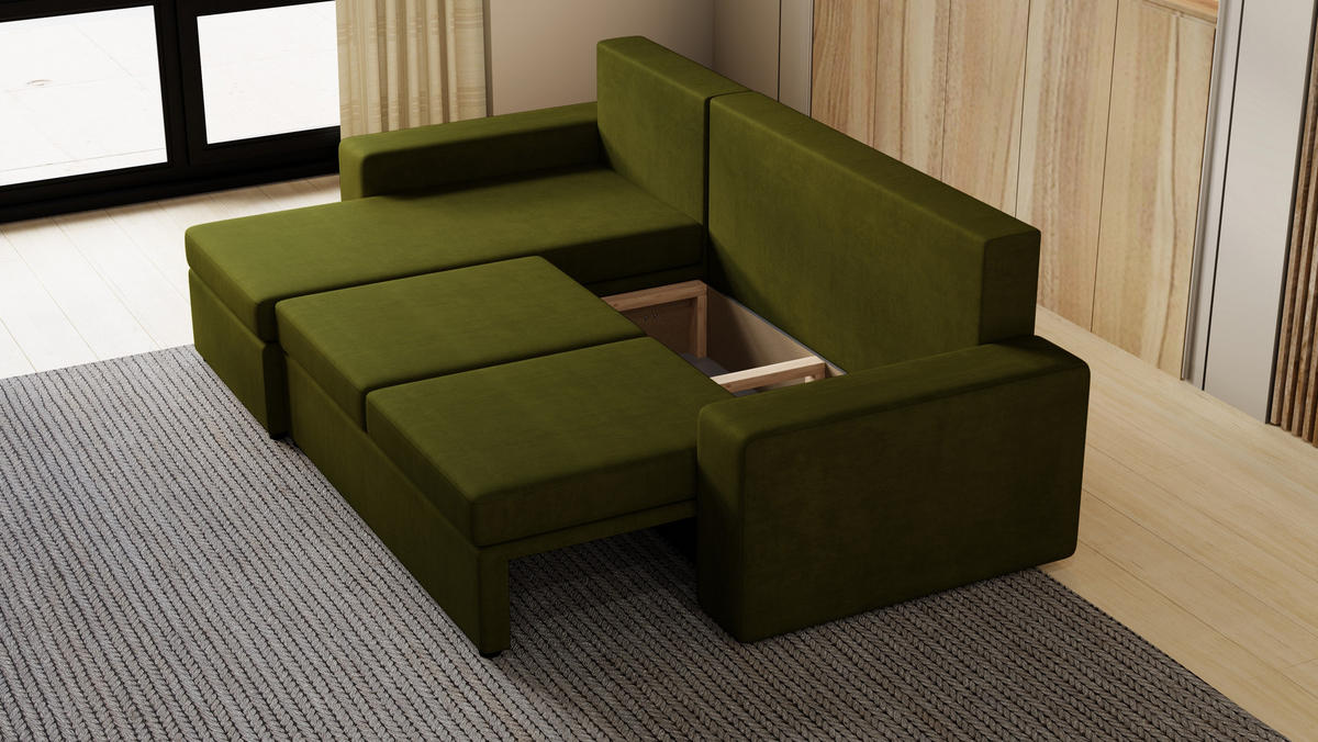 ECKSOFA Paco mit Bettkasten und Schlaffunktion, L-Form/XL-Form, Velourstoff, Universal - Olivgrün, Holzwerkstoff (246/145cm) - 4ALL HOME
