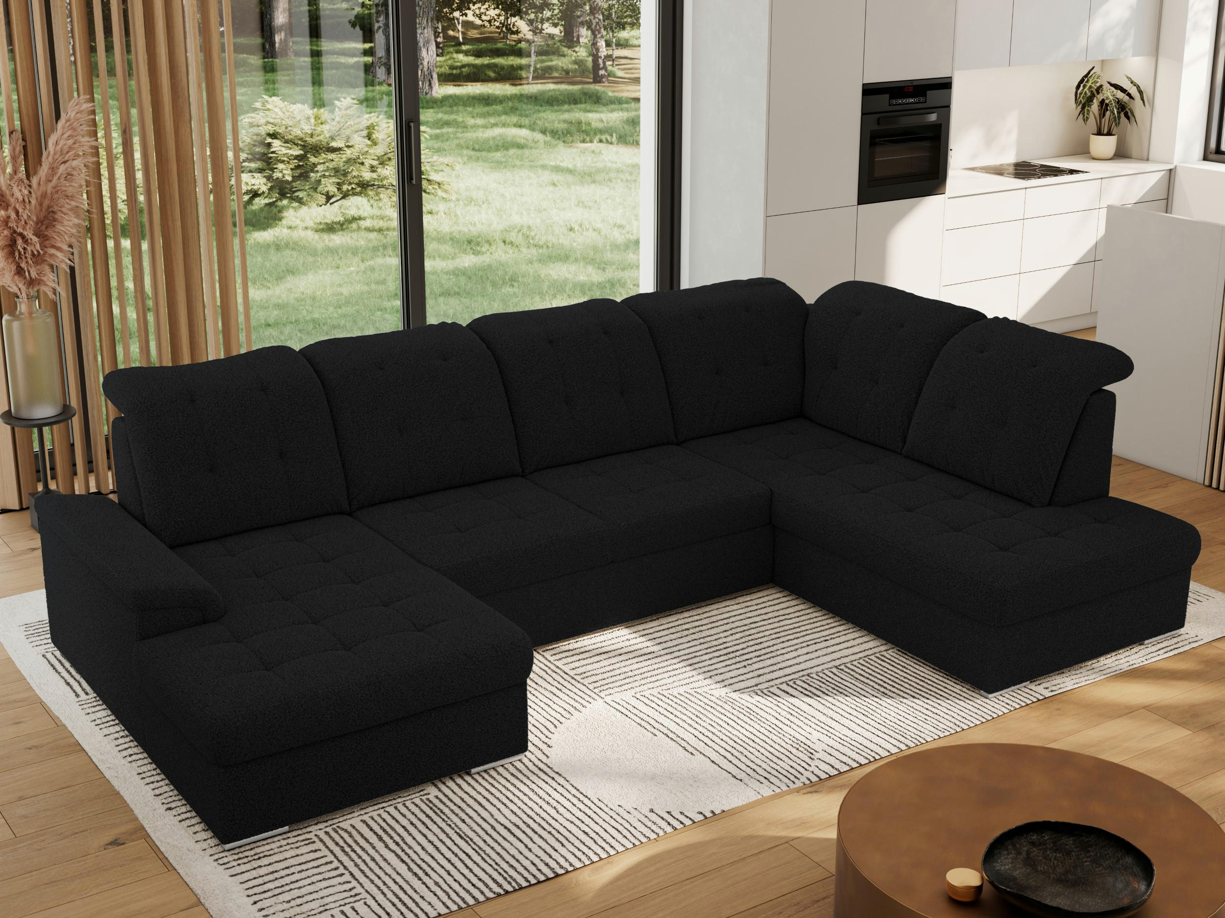 WOHNLANDSCHAFT MADRITO U - Schwarz Boucle - Rechts - Silberfarben/Schwarz, Textil/Metall (323/89/204cm) - MKS