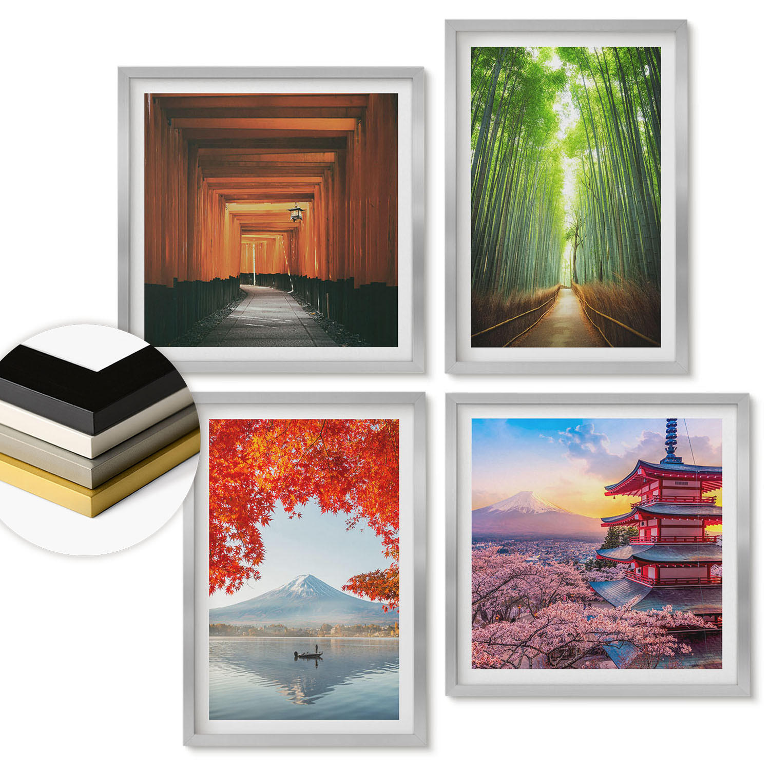 WANDBILDER 4er Set - 50x50 cm & 40x60 cm Silberner Rahmen - Fuji-Torii-Bambuswald, Japan - Silberfarben, Kunststoff (50/50cm) - ArtPrintCave