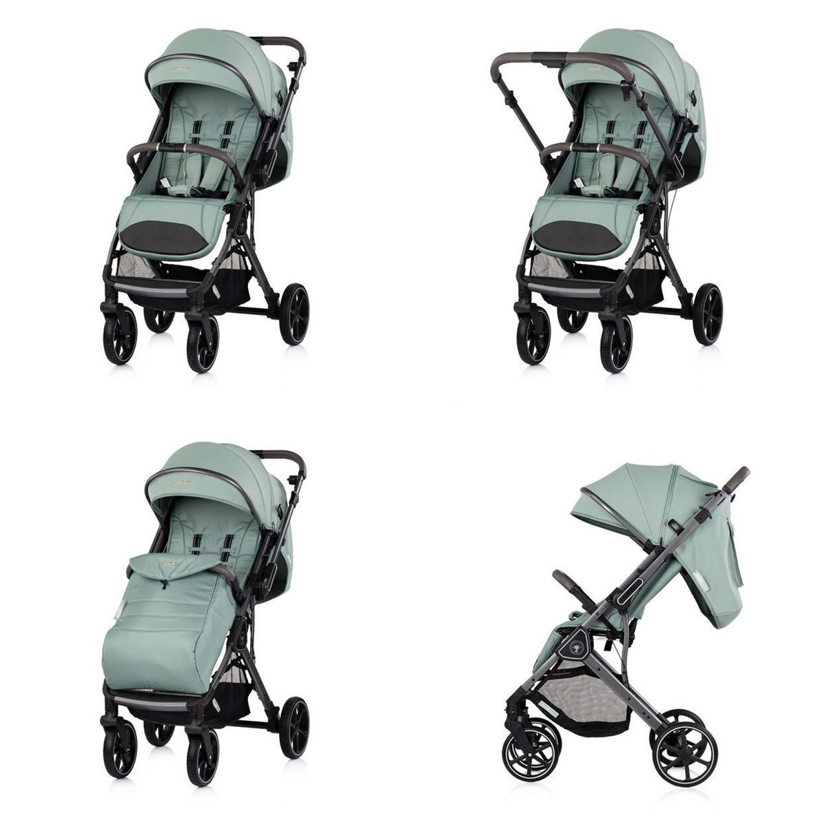 KINDERWAGEN Omnia PU-Räder grün klappbar, Stoßdämpfer, Sonnendach, Fußsack - Grün, Metall (69/63/102cm) - Chipolino