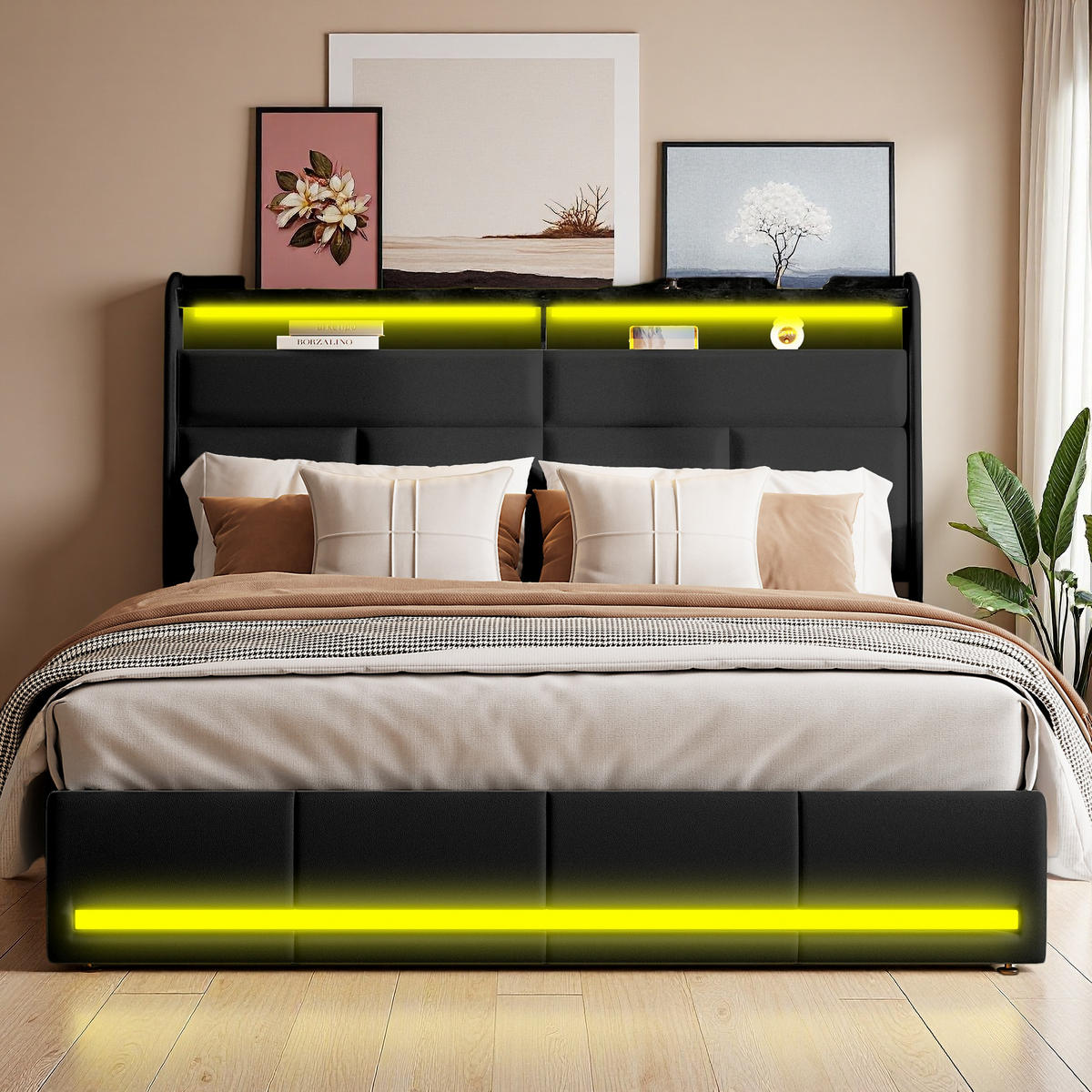 POLSTERBETT 140x200 Beige PU LED USB Hydraulik - Schwarz, Holzwerkstoff (140/200cm) - SHOPENTRA