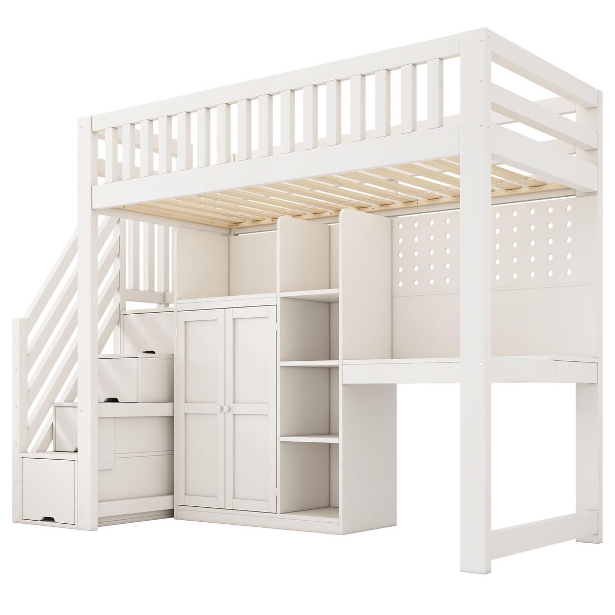 HOCHBETT 90/200 cm aus Holz mit Schreibtisch, Leiterschrank, Kleiderschrank und USB/Typ-C, Weiß - Weiß, Holzwerkstoff (90/200cm) - Redom