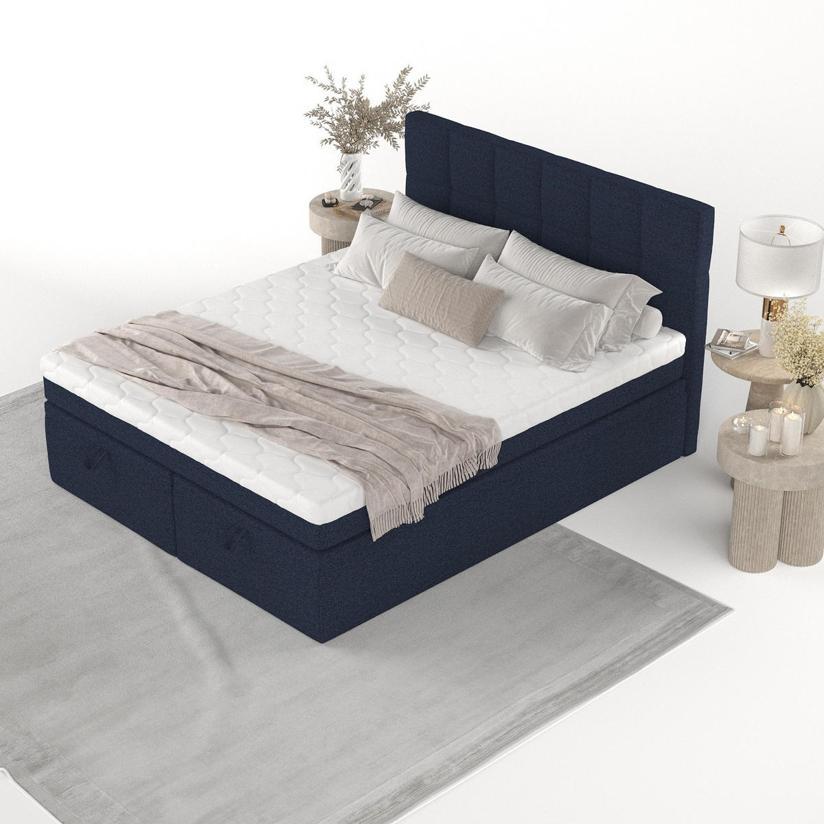 BOXBETT Elano 200/200 cm Marineblau im Riva Stoff - Schwarz/Dunkelblau, Holz/Holzwerkstoff (200/200cm) - AltaBeds