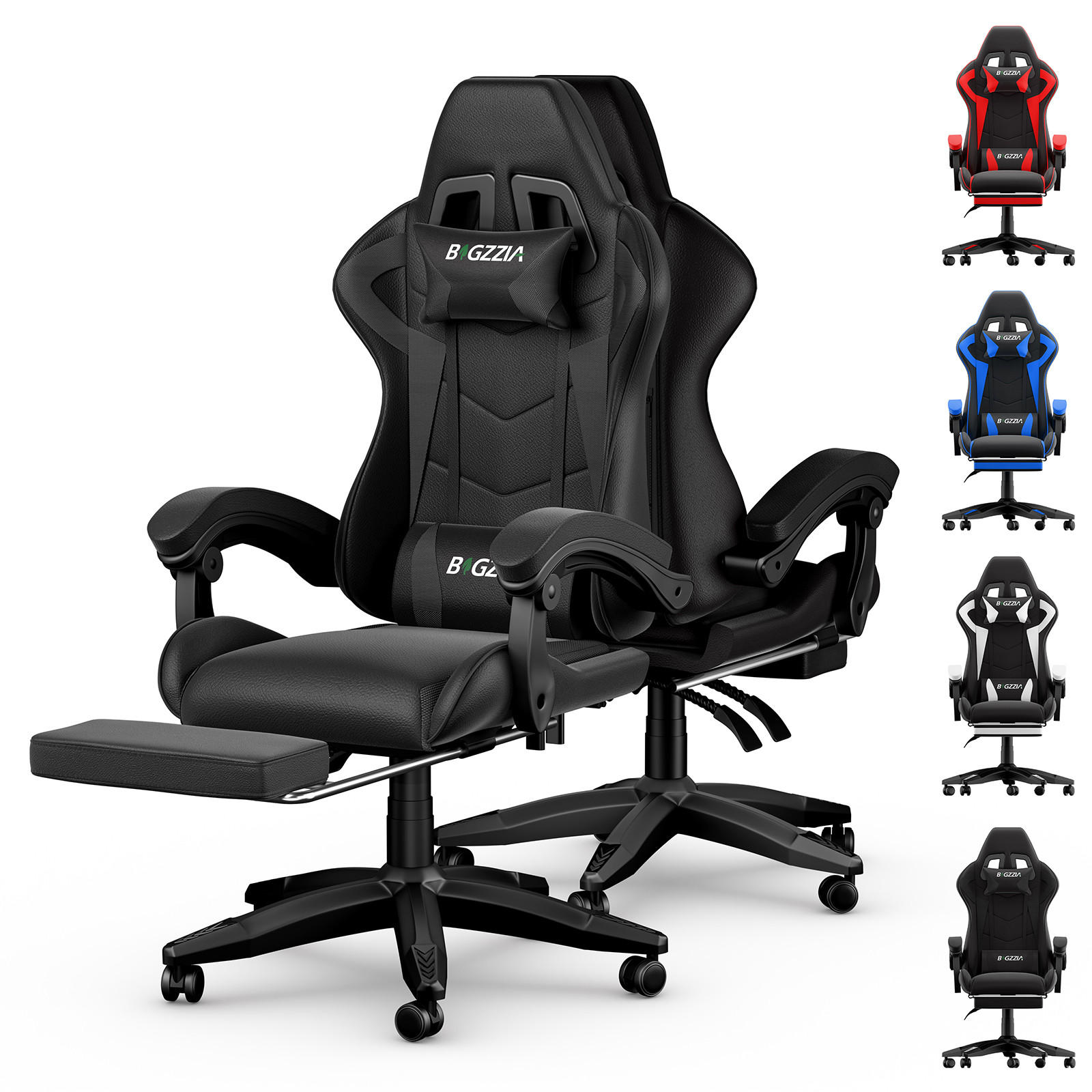 GAMINGSTUHL Schwarz Racing ergonomisch mit Fußstütze,Leder - Schwarz, Metall (29/59/79cm) - Rattrix