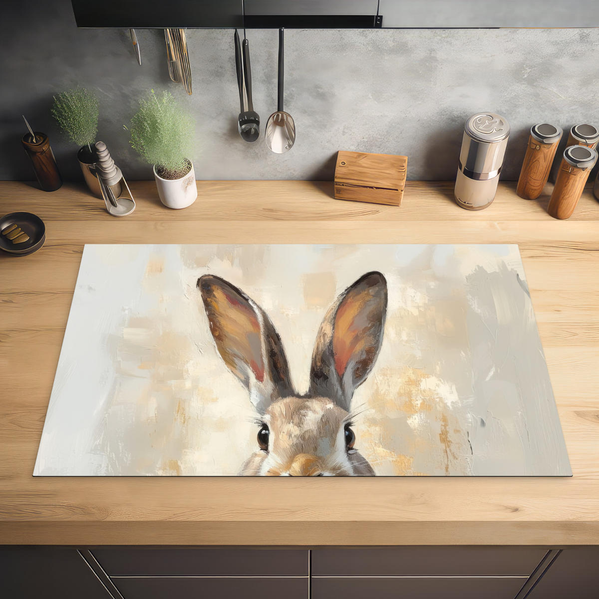 HERDABDECKPLATTE Hase - Ohren - Braun Ceranfeldabdeckung 85x52 cm - Beige, Kunststoff (85/52/0.2cm) - MuchoWow