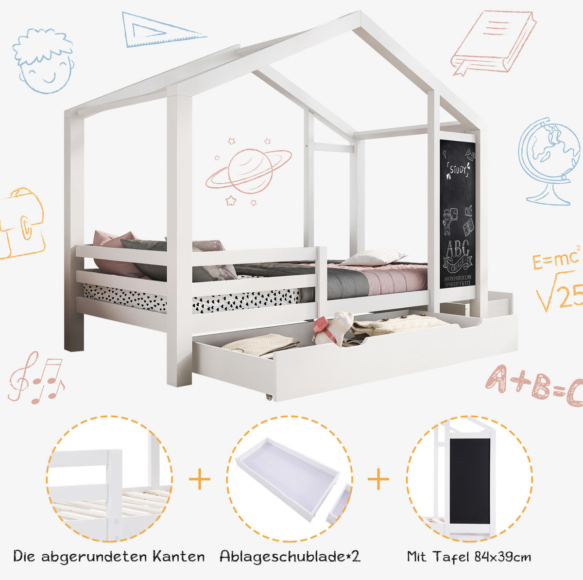 KINDERBETT 90/200 cm mit Tafel, 2 Schubladen und dreiseitigem Rausfallschutz aus Massivholz, Weiß - Weiß, Holz - Redom