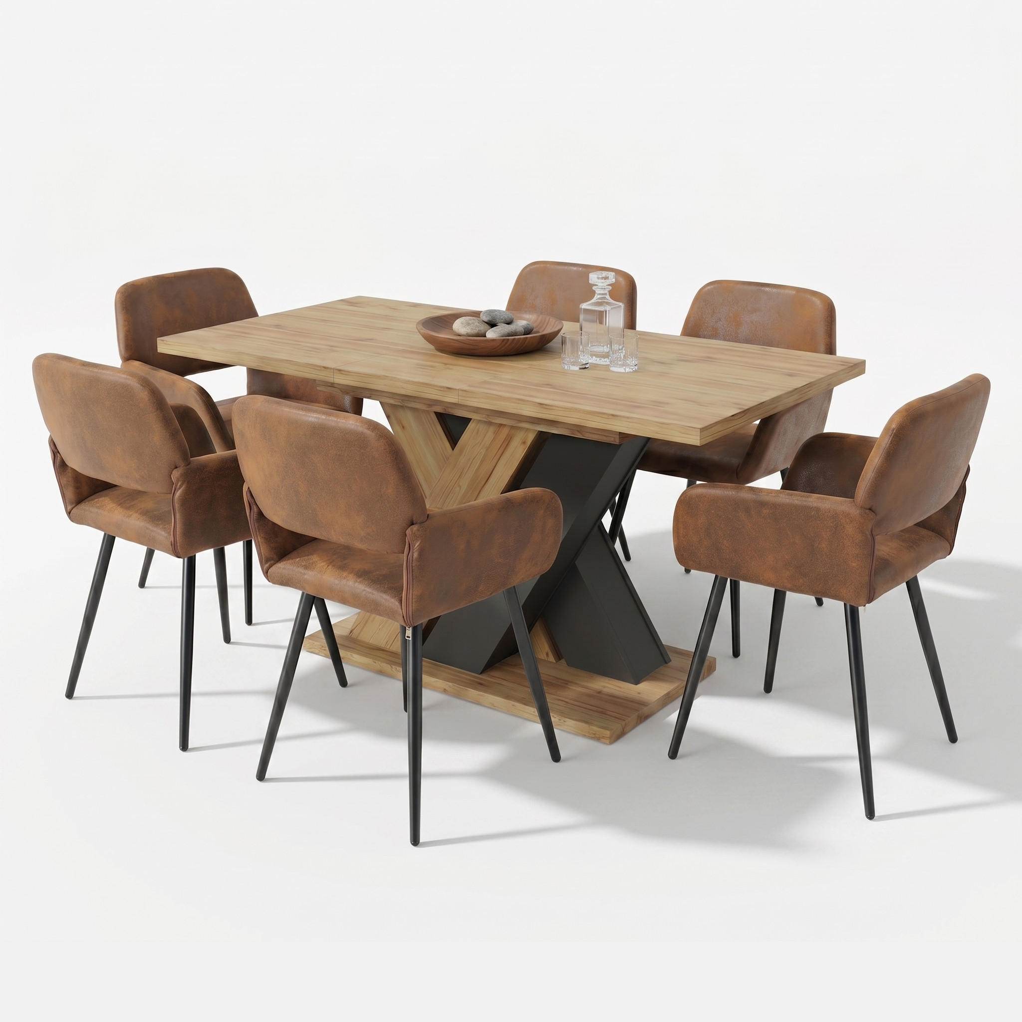 ESSTISCH-SET 1+6, ausziehbarer Tisch mit 6 Esszimmerstühlen - Eichefarben/Schwarz, Holzwerkstoff (119/75/80cm) - Urban Meuble