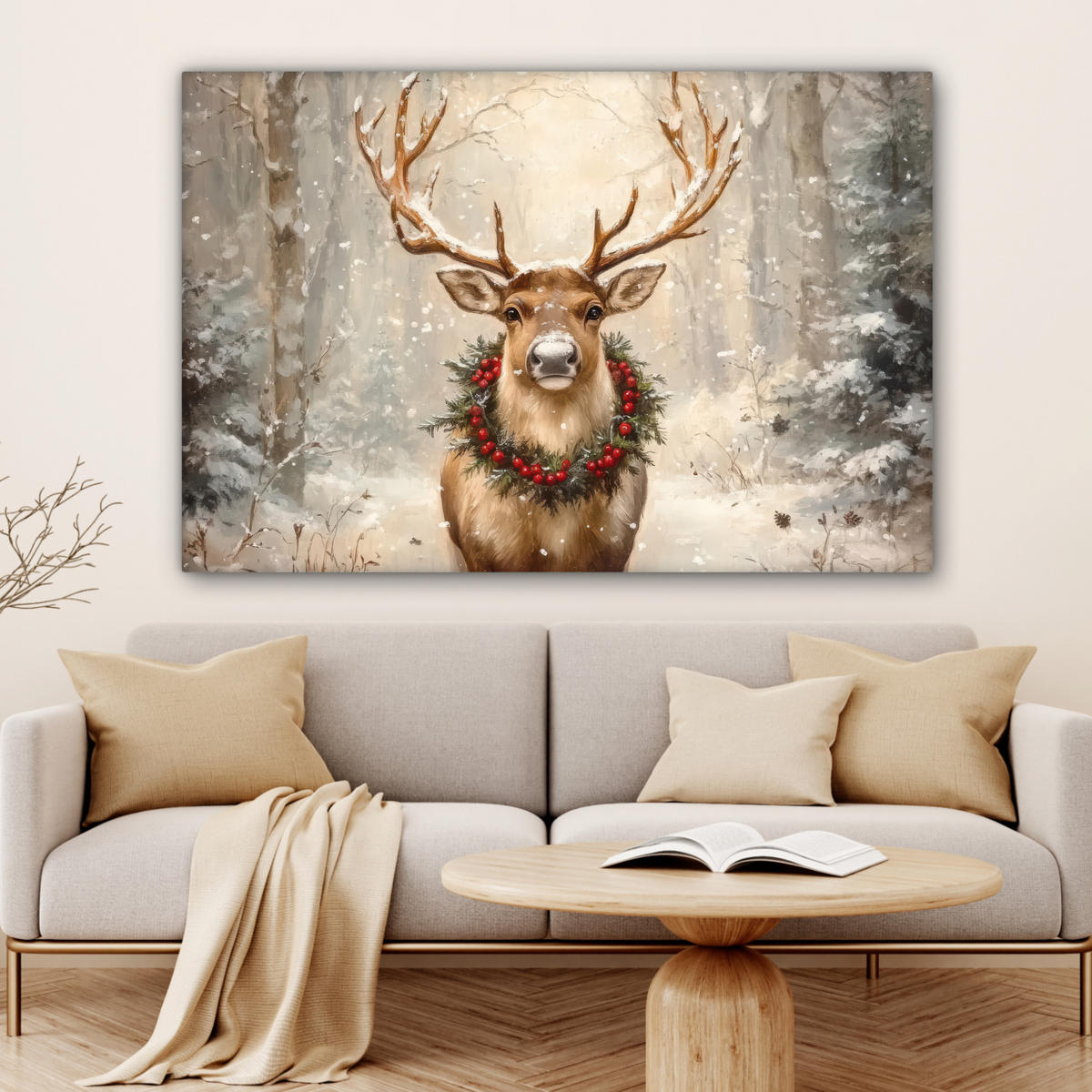 LEINWANDBILD Weihnachten - Rentier - Winter - Kranz Wohnzimmer 120x80 cm - Naturfarben, Textil (120/80cm) - MuchoWow