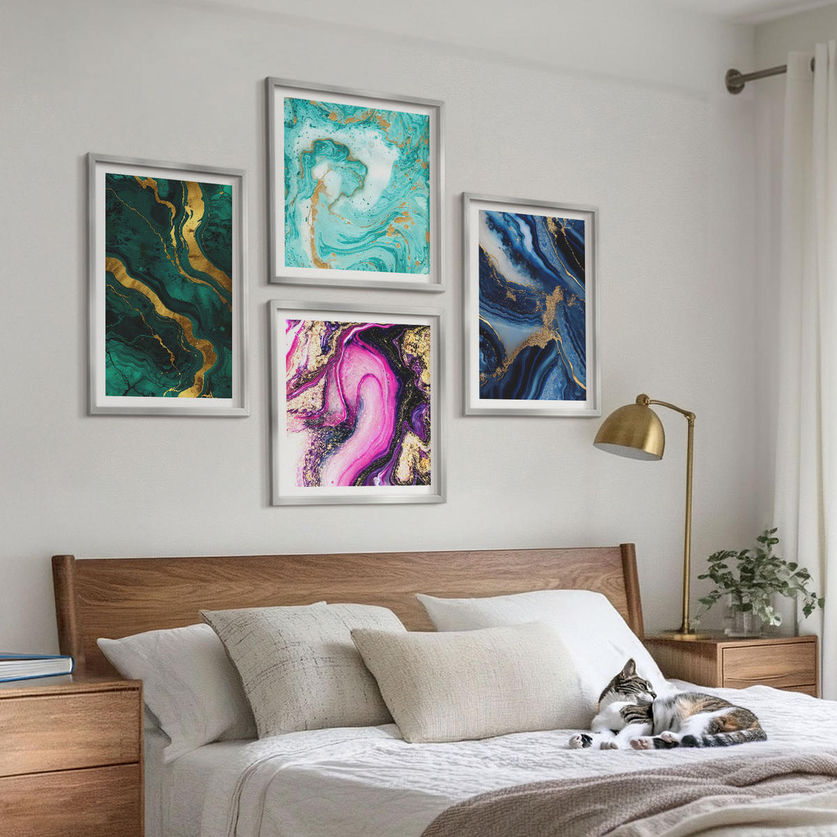 WANDBILDER 4er Set - 50x50 cm & 40x60 cm Silberner Rahmen - Abstrakte Muster in Rosa, Grün und Blau - Silberfarben, Kunststoff (50/50cm) - ArtPrintCave