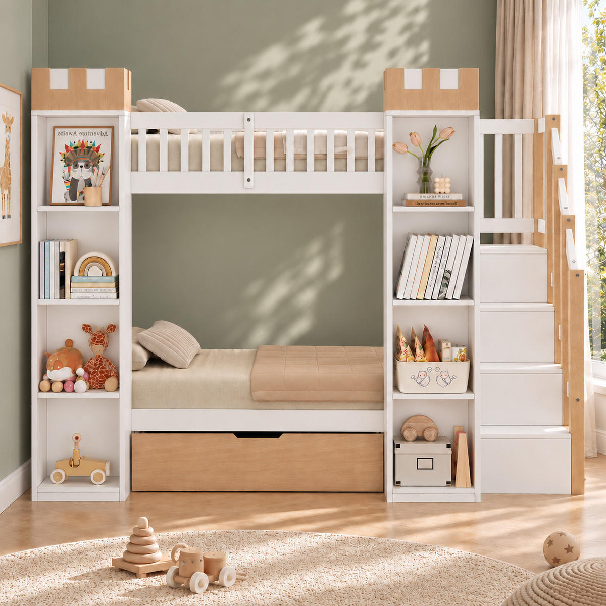 ETAGENBETT 90/200 cm mit Stauraumtreppe, DE-41823, in Weiß - Weiß, Holz (90/200cm) - ComfortXL