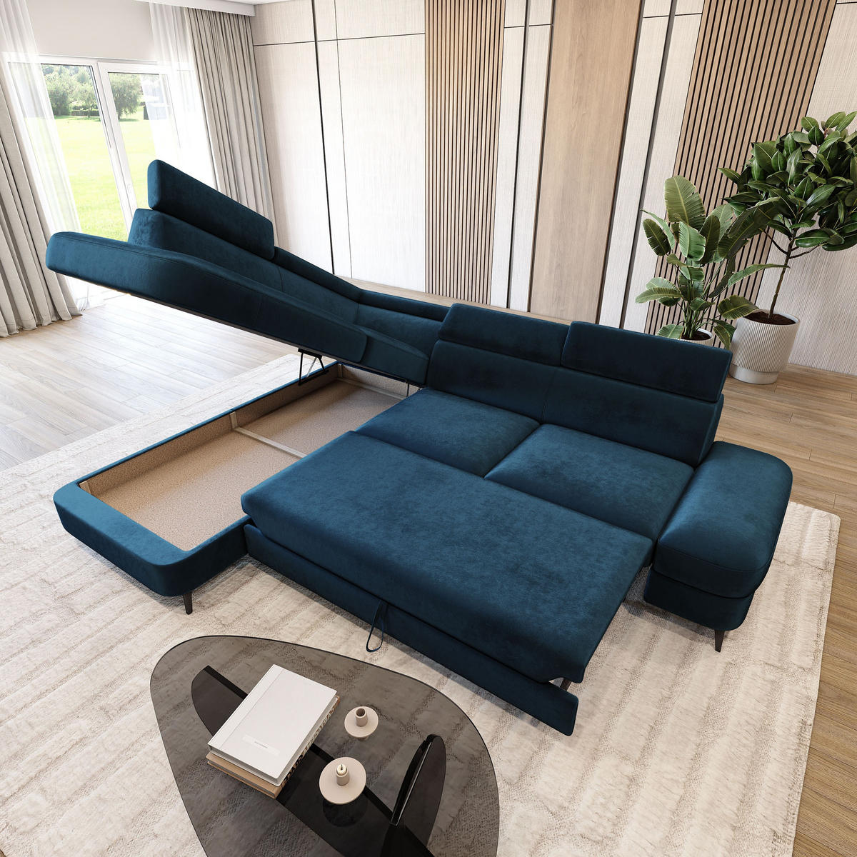 ECKSOFA AVISE M L-S Blau Velours-Stoff mit Schlaffunktion - Blau, Holzwerkstoff/Textil (268/195cm) - MASSENO