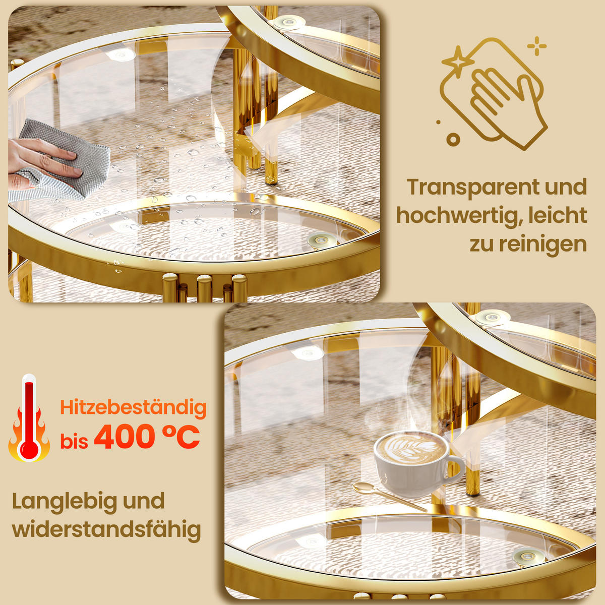 COUCHTISCH Wohnzimmertisch für couch Sofatisch mit abnehmbarer Tischplatte und Rutschfeste Saugnäpfe, bis 400 °C - Goldfarben, Glas/Metall (80/80/45cm) - STILVORA