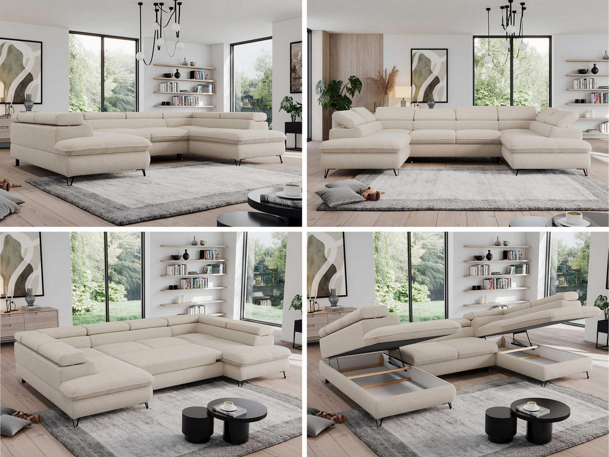 WOHNLANDSCHAFT PEDRO U Boucle Beige - Beige/Schwarz, Textil/Metall (346/76/208cm) - MKS