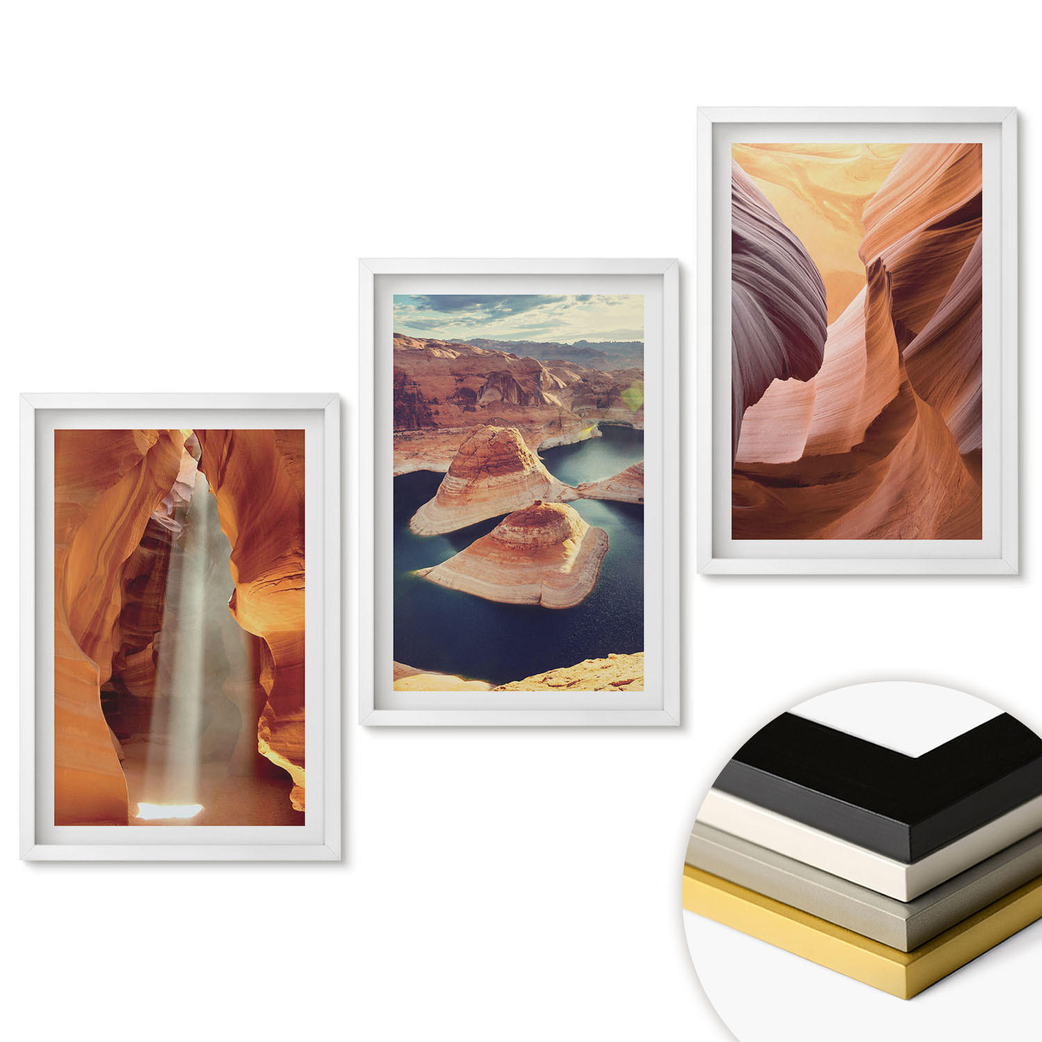 WANDBILDER 3er-Set - 40x60 cm Weißer Rahmen - Wasserfall in der Schlucht - Weiß, Kunststoff (40/60cm) - ArtPrintCave