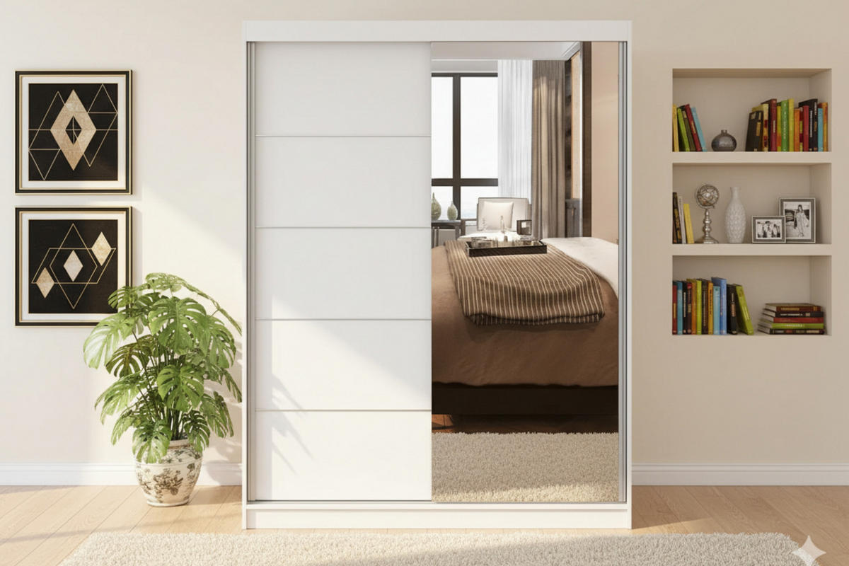 SCHWEBETÜRENSCHRANK VELMA 05 150/200 in Weiß mit Spiegel und LED - Weiß, Holzwerkstoff (150/61/200cm) - Deine Möbel 24