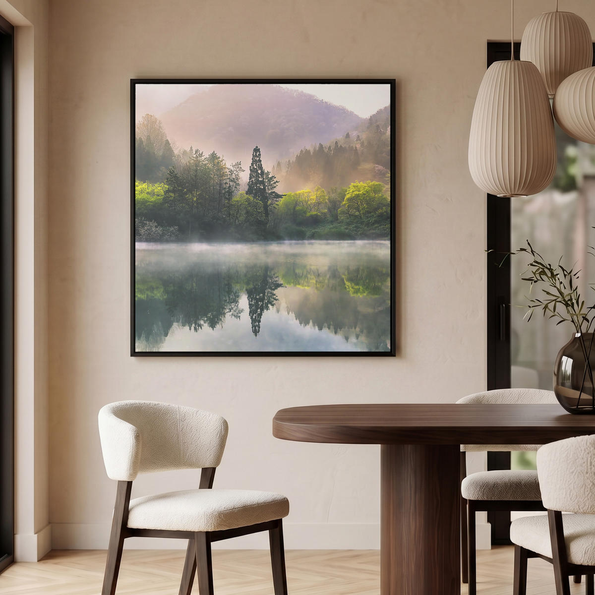 LEINWAND Bilder mit Rahmen - Natur - Bäume - Berge - See - Wasser - 90x90 - Hellgrün, Textil (90/90cm) - MuchoWow