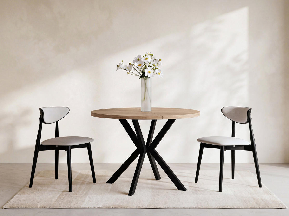 ESSTISCH Valeo runder ausziehbarer, Sonoma Eiche 120-200/120/76 cm - Schwarz/Braun, Holzwerkstoff/Metall (120/200/76cm) - WFL GROUP