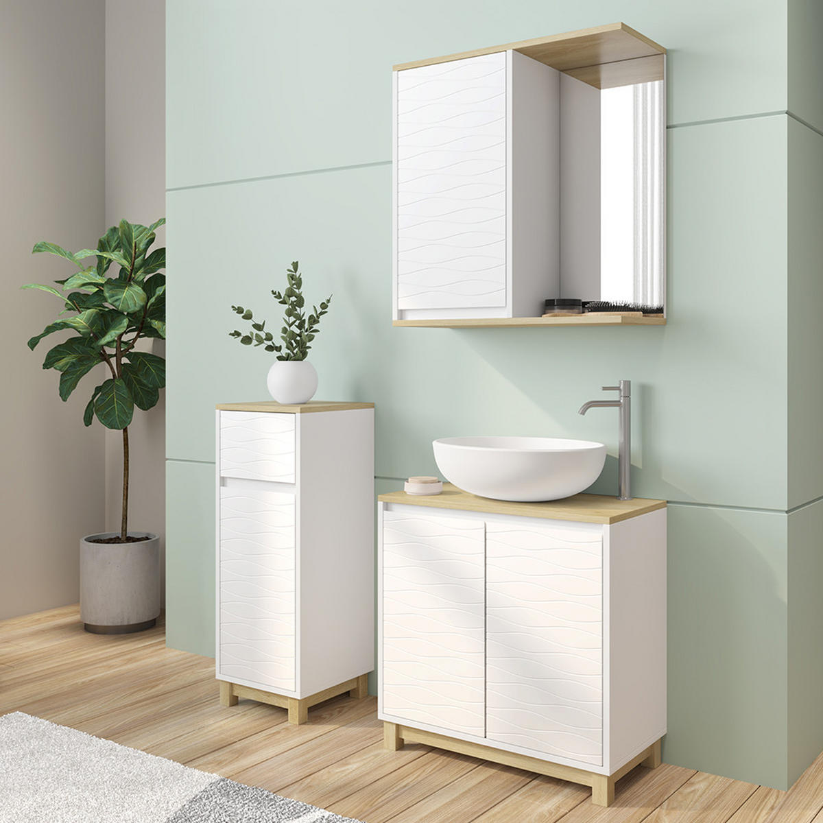 BADMÖBEL-SET Livia Weiß/Eiche 3 Teile, mit Midischrank - Eichefarben/Weiß, Holzwerkstoff (60/60/30cm) - Vicco