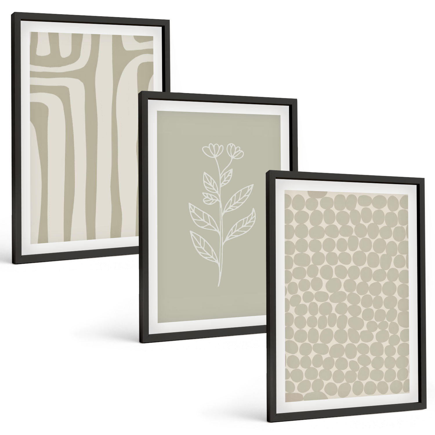 BILDER SET 3er Set - 40x60 cm Schwarzer Rahmen - Geometrische Pflanzenmuster - Schwarz, Kunststoff (40/60cm) - TULUP