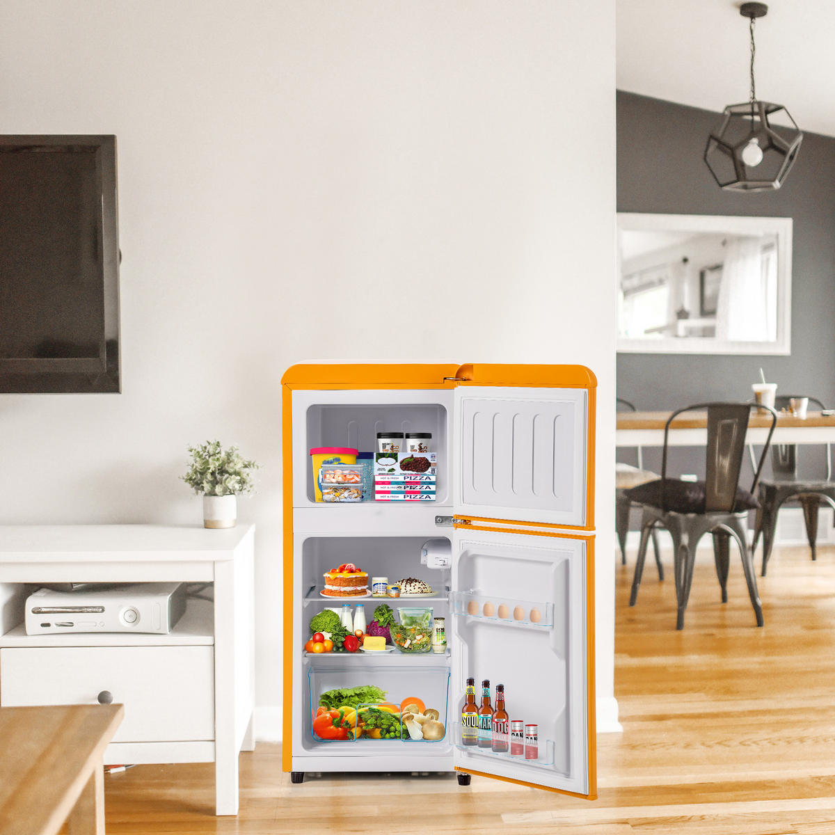 KUHLSCHRANK 45.5/42/88.8 cm Antikgelb 60L mit LED-Licht, Energieklasse E - Gelb, Metall (45.5/88.8/42cm) - Oxeza