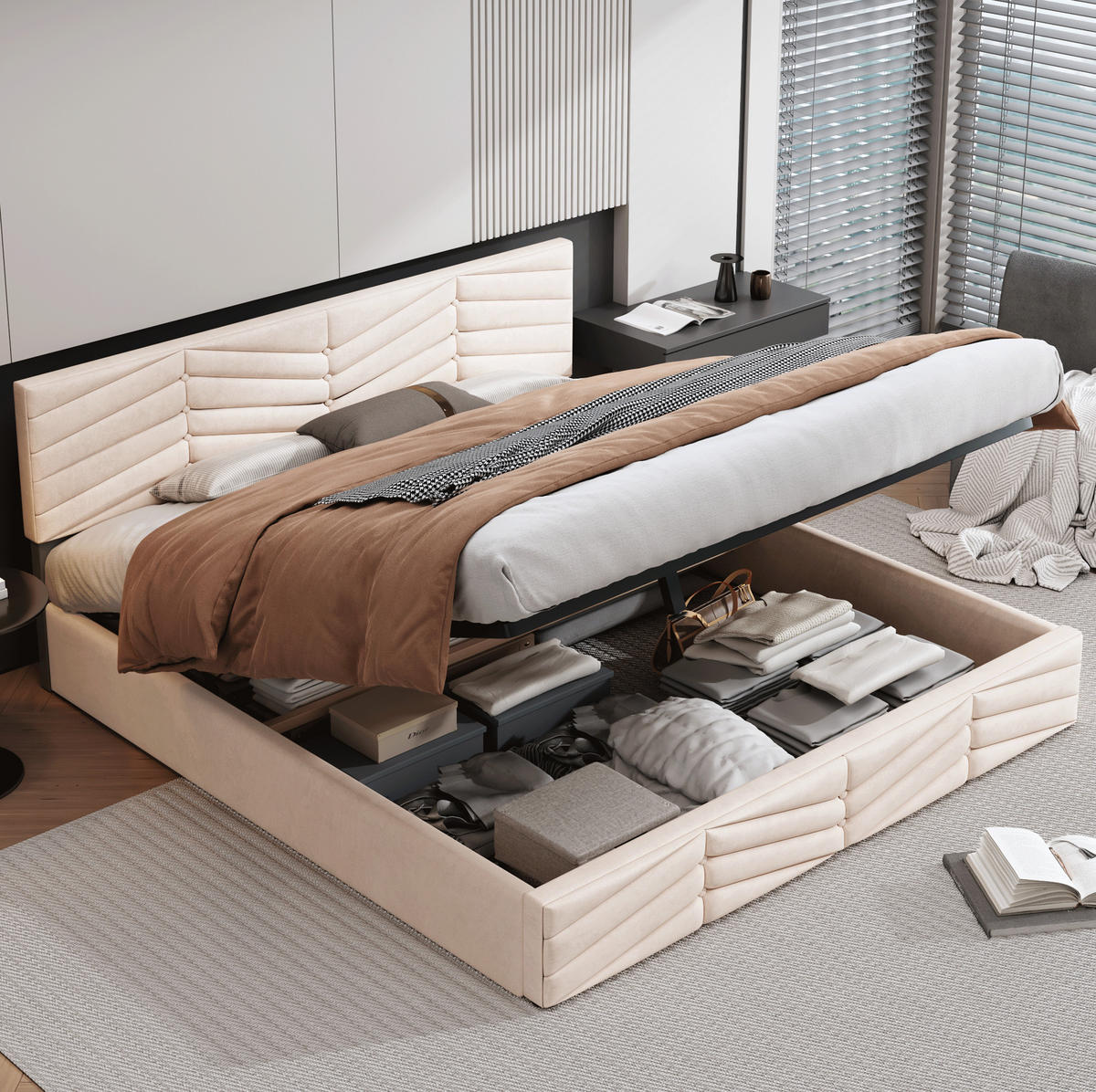 POLSTERBETT mit Bettkasten 180x200 cm Samt Beige - Beige, Metall (180/200cm) - Meubliv