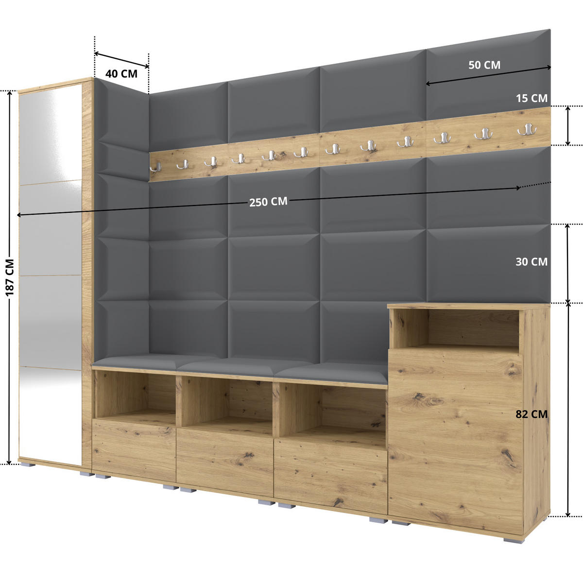 GARDEROBE NELA XI 250 cm (Modulare Flurmöbel Artisan Eiche mit Spiegel & Sitzpolster Dunkelgrau 15 Großes Set) - Dunkelgrau/Silberfarben, Holz/Holzwerkstoff (250/187/40cm) - Ravio