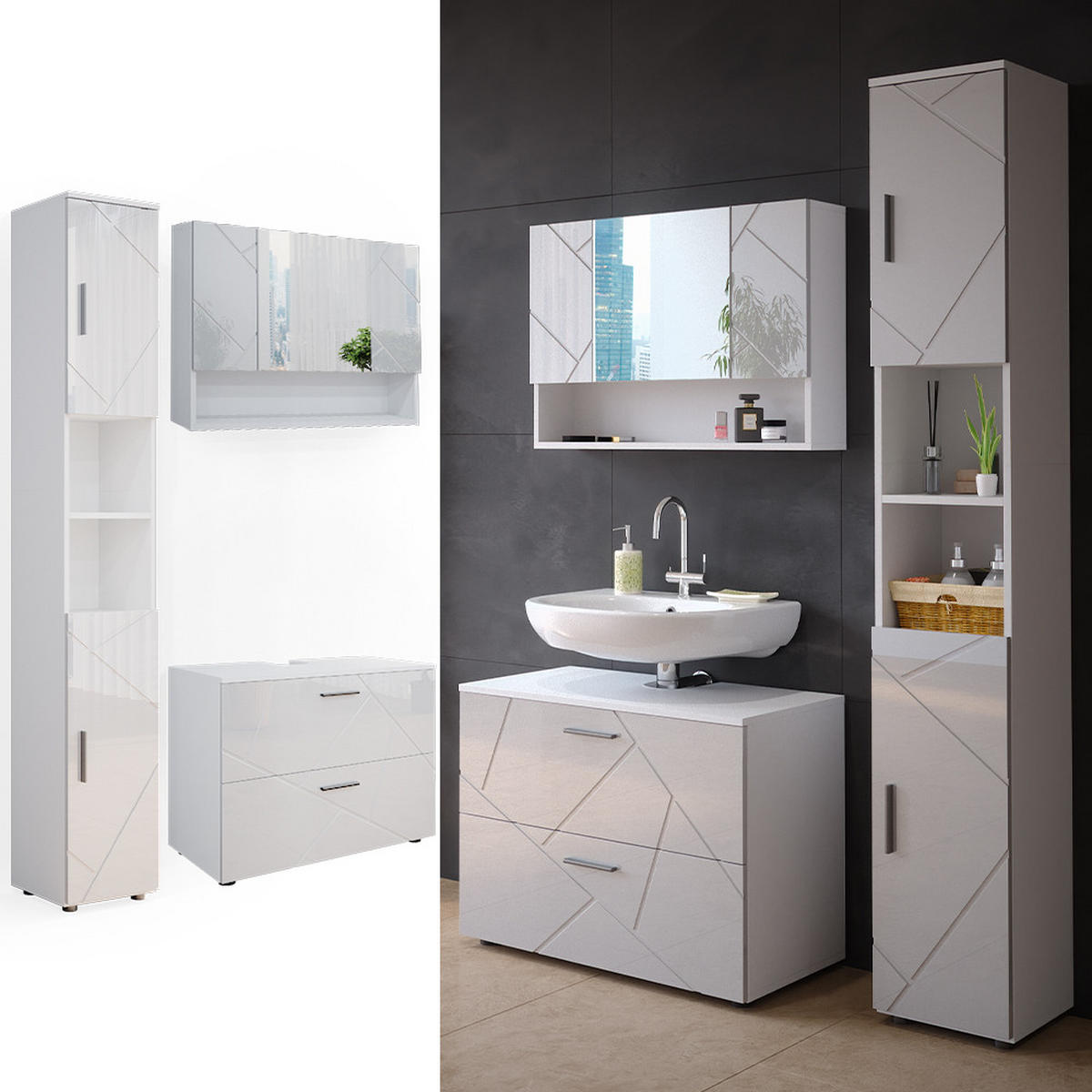 BADMÖBEL-SET Irma Weiß Hochglanz 3 Teile, mit Spiegelschrank 80 cm - Weiß Hochglanz/Weiß, Holzwerkstoff (80/58.6/41cm) - Vicco