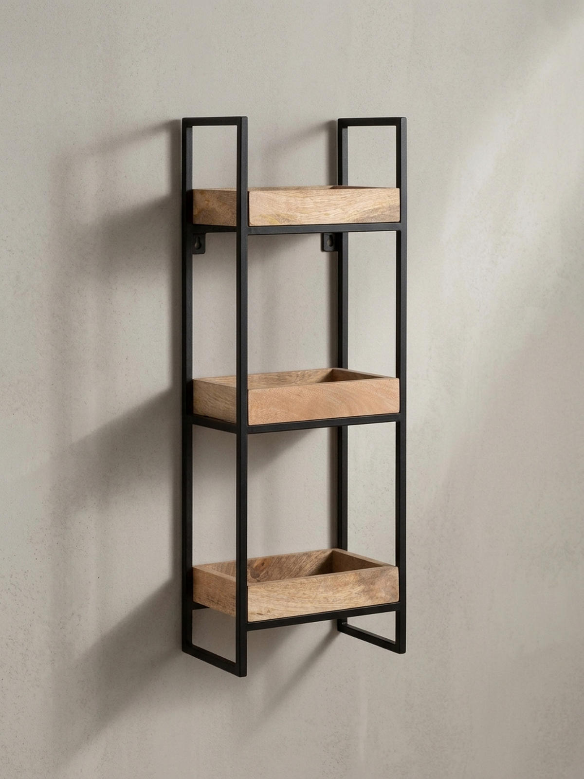 WANDREGAL Mango Massivholz Metall Industrial Stil 27x77x18 cm Rechteckig mit 3 Ablagen - Schwarz/Braun, Holz (27/77/18cm) - KADIMA DESIGN