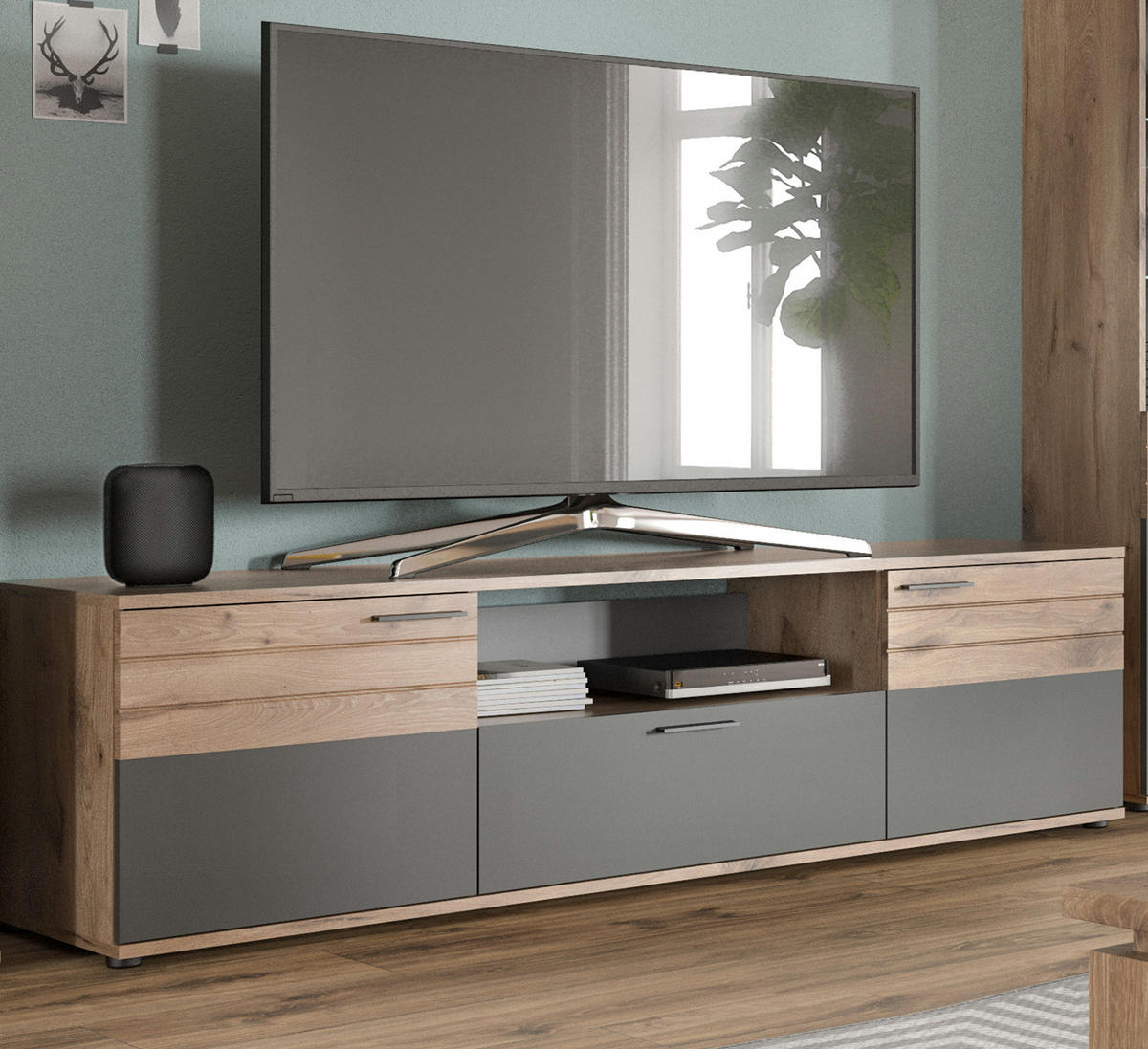 TV-LOWBOARD Eiche, grau 194 cm, XL Flat TV Unterschrank mit Soft-Close - Eichefarben/Schwarz, Holzwerkstoff/Kunststoff (194/53/47cm) - Inn.Furn