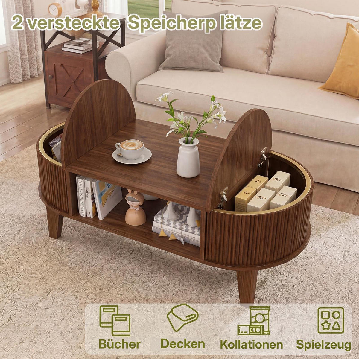 COUCHTISCH 100/50/50 cm, walnussfarben, ovales Design mit verstecktem Stauraum und offenen Regalen - Braun, Holz (50/100/50cm) - Waldena