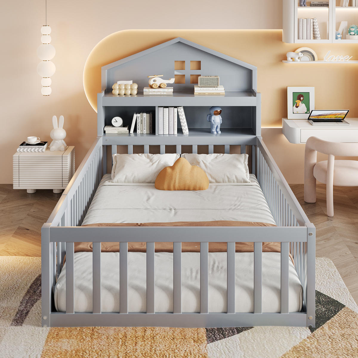 BODENBETT 90/200 cm Grau in Hausform mit Stauraum, Kreidetafel - Grau, Holz (90/200cm) - MIVRAY