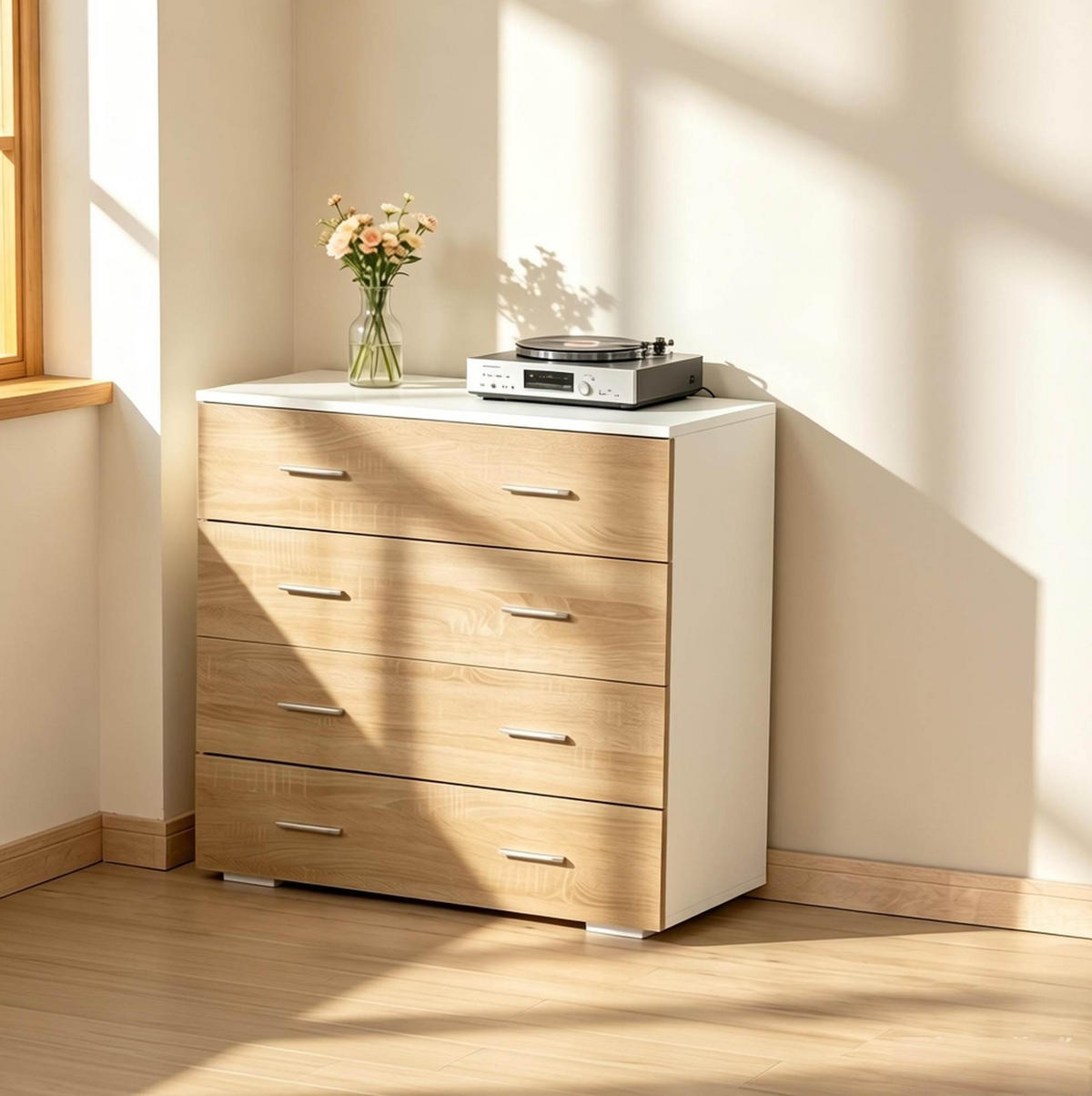 KOMMODE in Weiß und hellem Holzdekor 76x35x72 cm mit 4 Schubladen - Weiß, Holzwerkstoff (35/72/76cm) - IVMEU