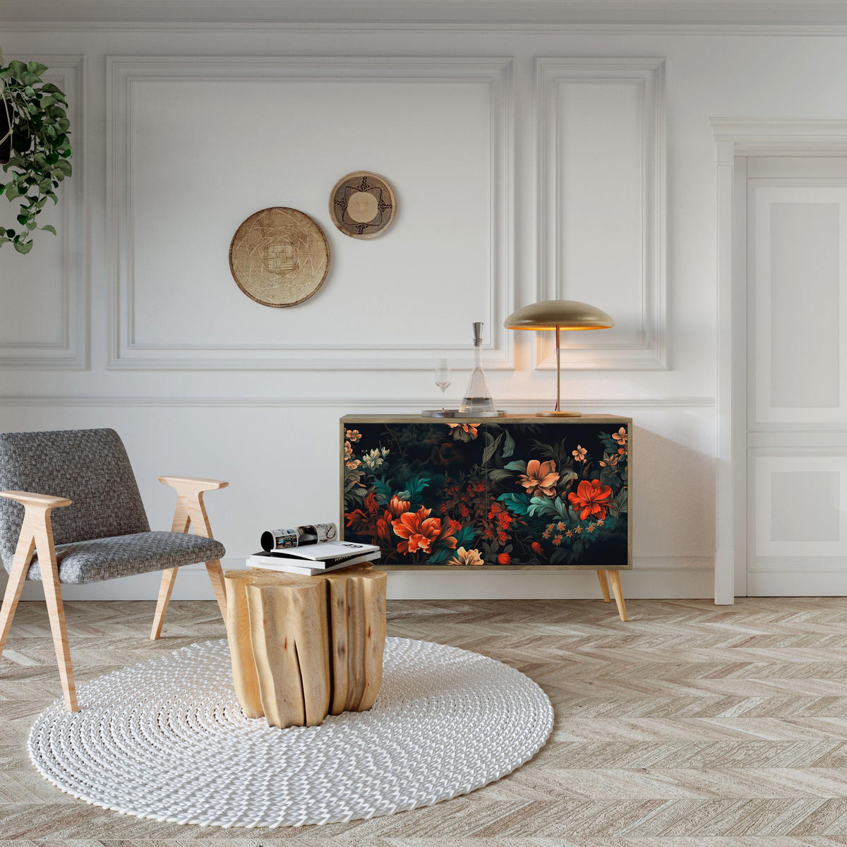 SIDEBOARD IMAGINARY BLOSSOM, Eicheneffekt, 111x42x77,5 cm, 2 Türen - Eichefarben/Buchefarben, Holzwerkstoff/Buchenholz (111/77.5/42cm) - SpaceRebels